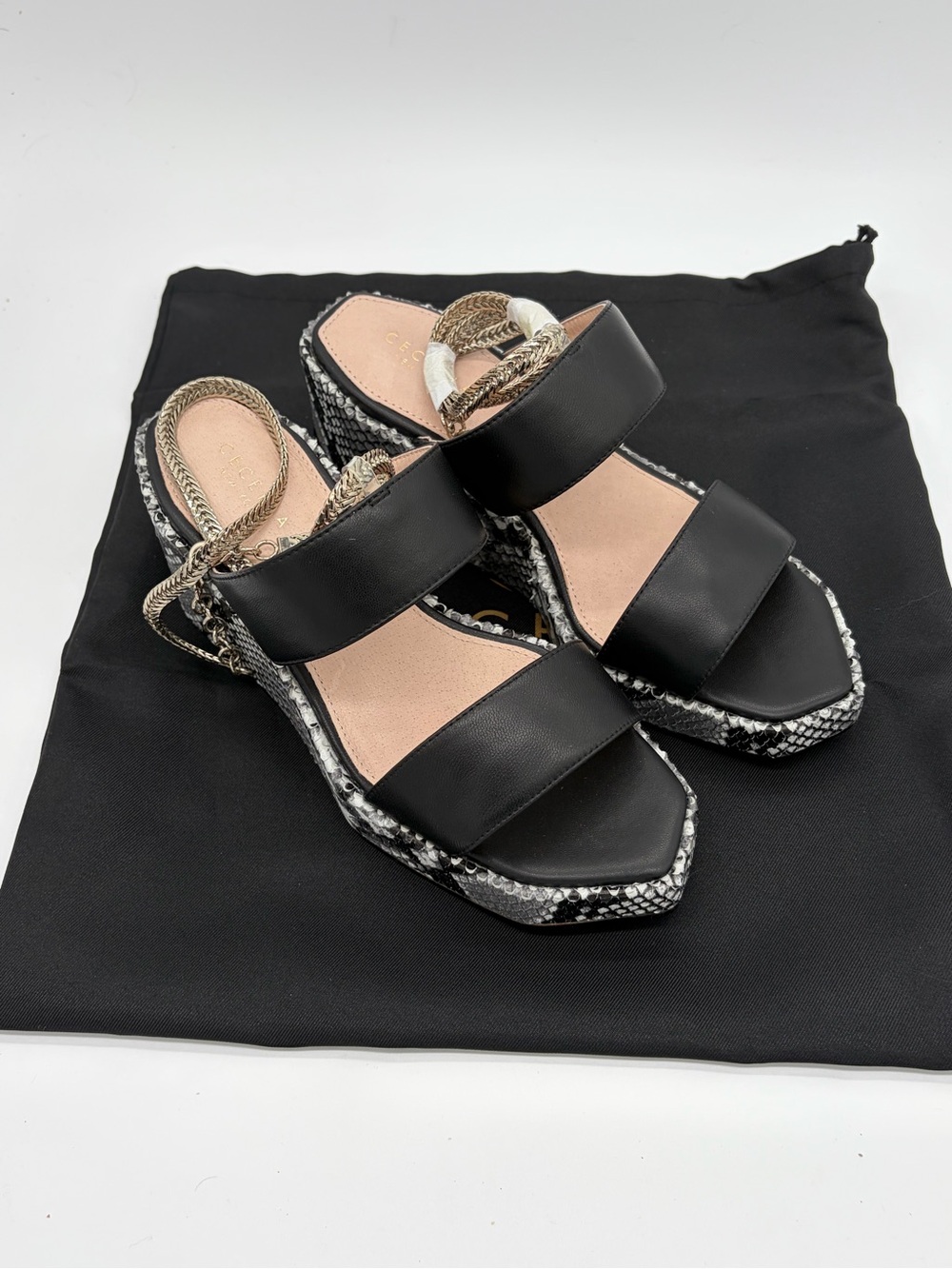CECELIA NEW YORK Black Double-Band Sandals with Snake-Print Platform